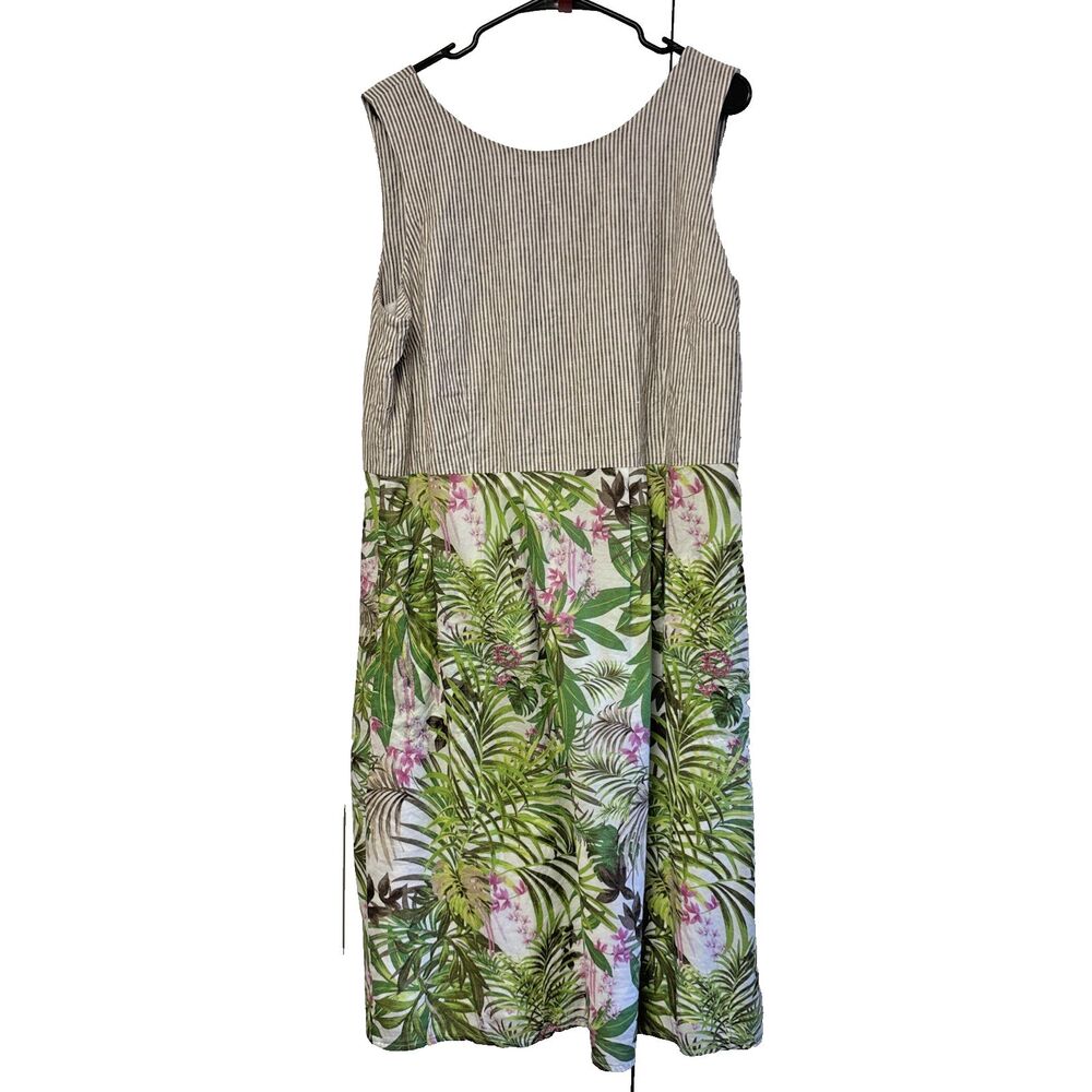 J. Jill Women L Tropical Floral Sheath Dress Scoop Neck Sleeveless Pockets Linen
